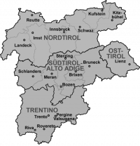 Die historische Region Tirol, sowie die heutige Europaregion Tirol-Südtirol/Alto Adige-Trentino (BlueMars)